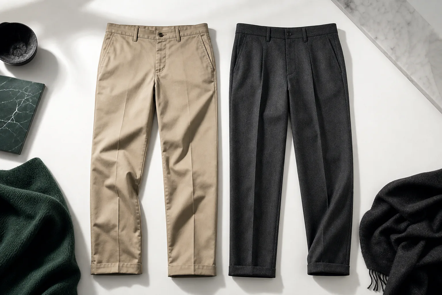 Khaki chinos and charcoal wool dress trousers side by side