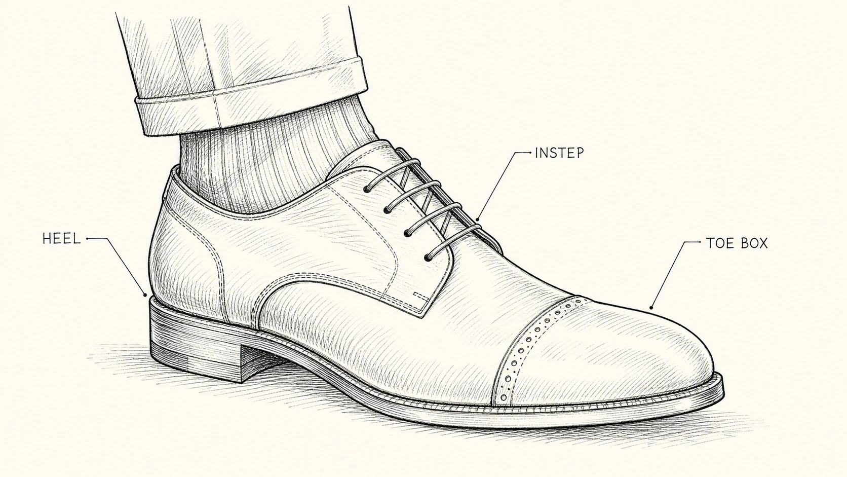 Sketch showing heel, instep, and toe-box fit points