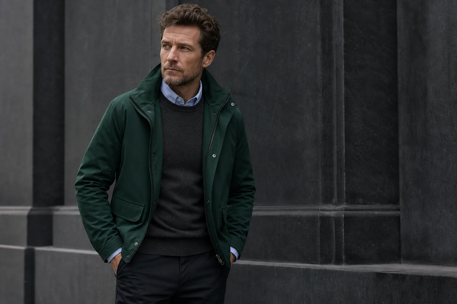 Layered Oxford shirt, sweater, and green jacket
