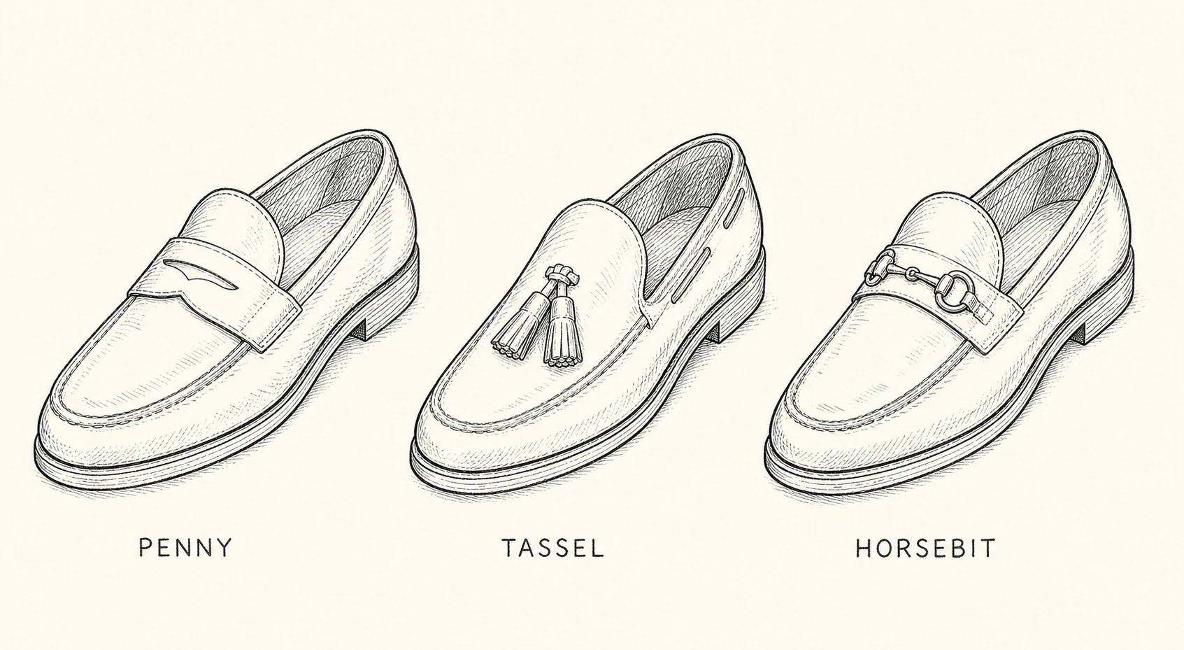 Pen-and-ink drawings of penny, tassel, and horsebit loafers