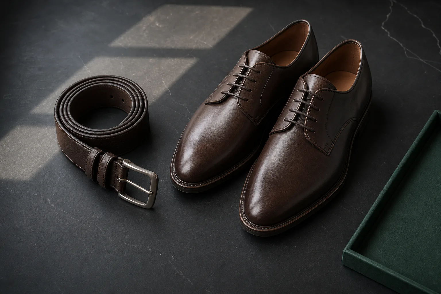 Matching dark brown leather belt and dress shoes