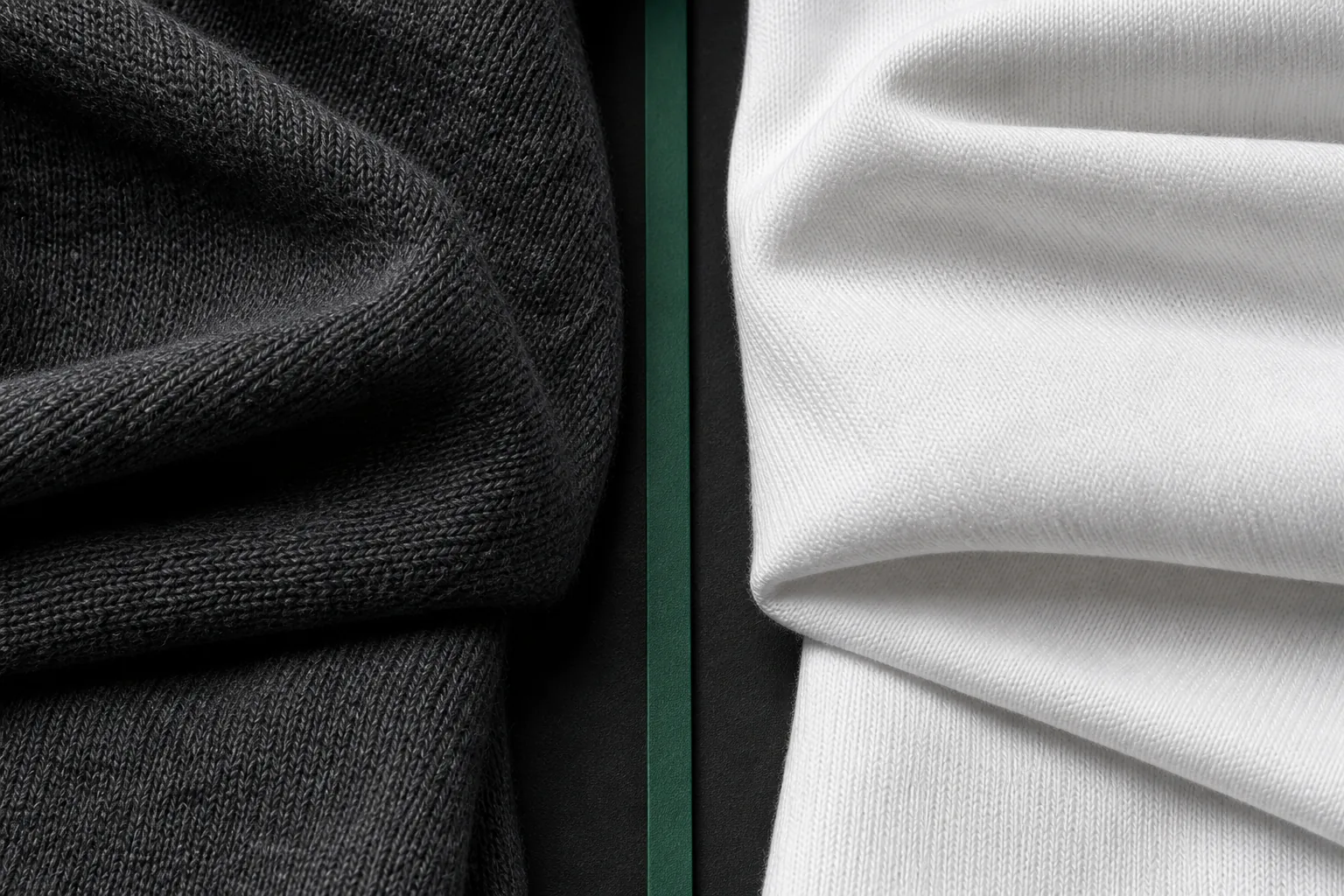 Charcoal merino and white cotton knit textures side by side