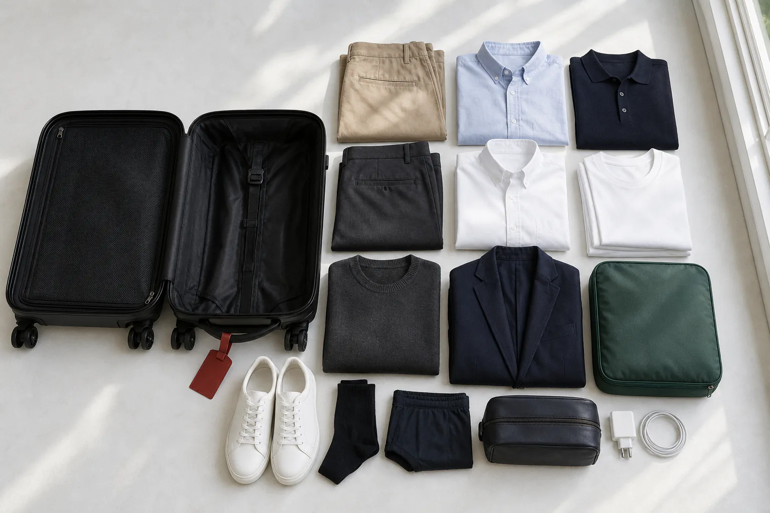 A one-week wardrobe arranged beside an open carry-on