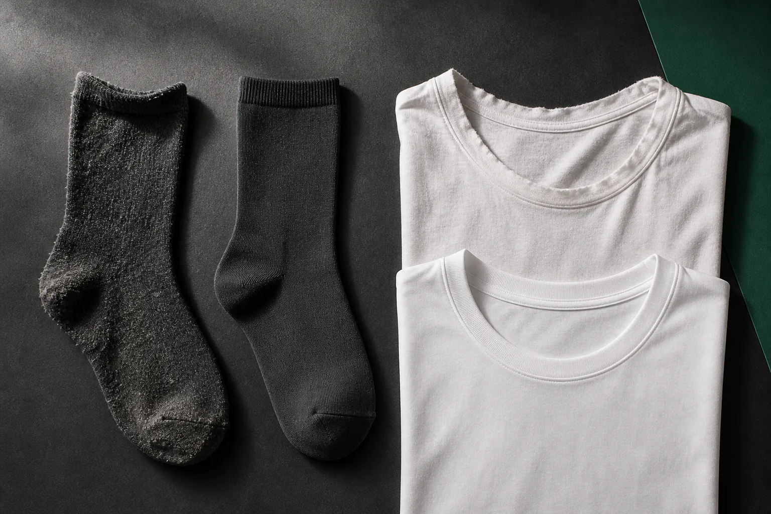 Worn socks and tees next to new replacements