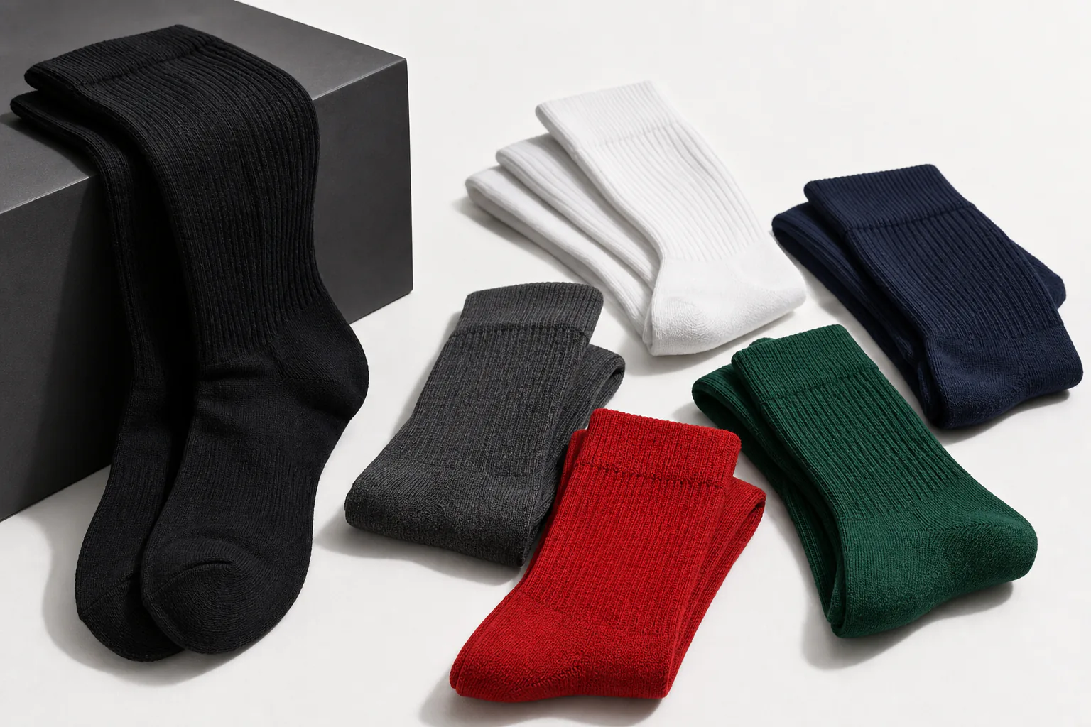 Premium everyday crew socks in black, white, navy, charcoal, green, and red