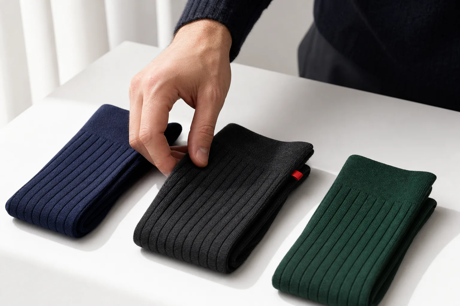 Hand choosing among folded navy, charcoal, and green crew socks