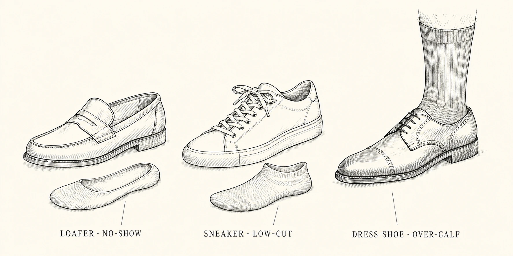 Sketch pairing sock heights with loafers, sneakers, and dress shoes